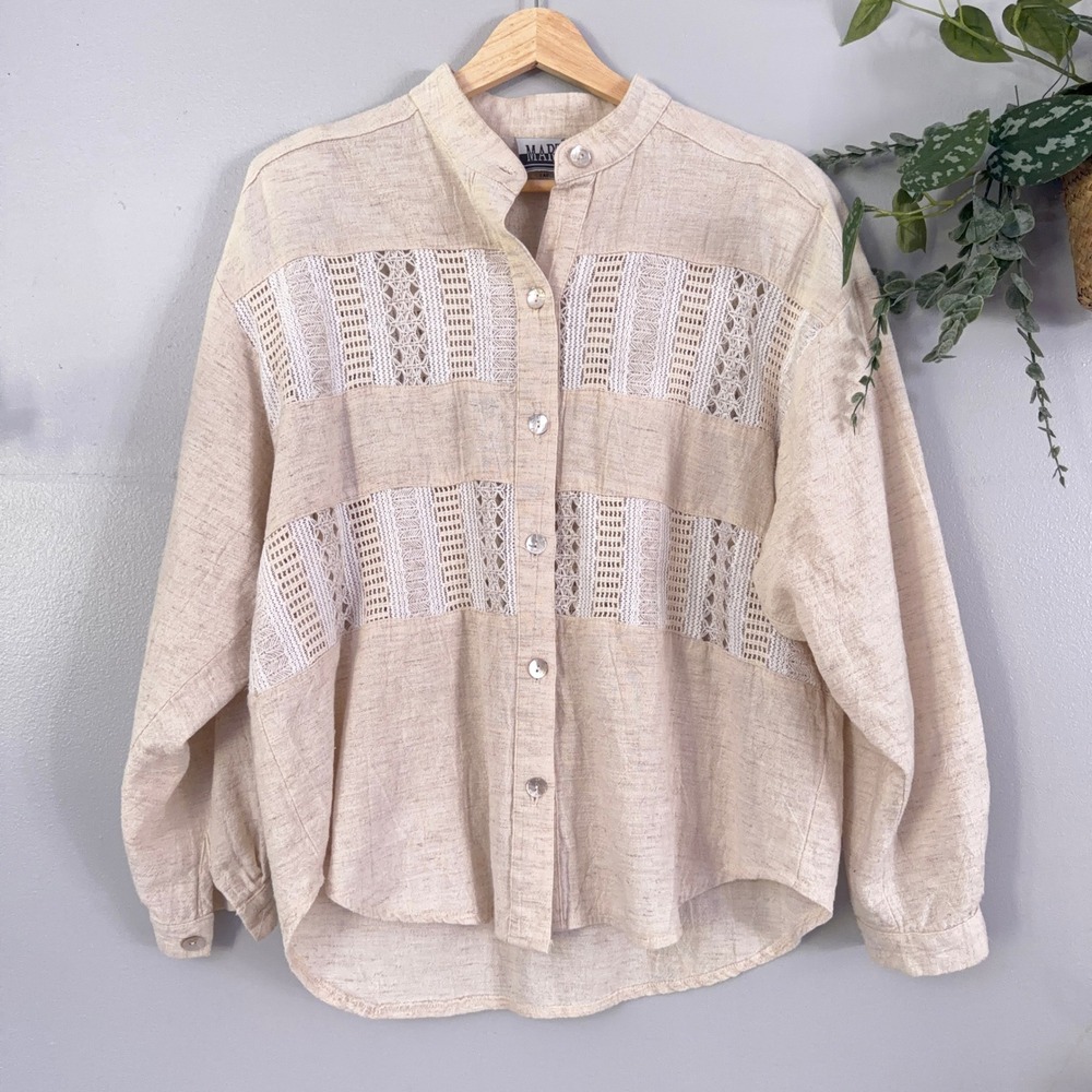 Marti Vtg Shirt Cotton Linen Coastal Boho Crochet Lace Button Up Beige Wmns L